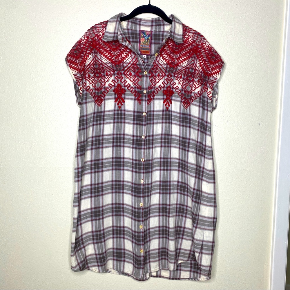 JOHNNY WAS Plaid Embroidered Top